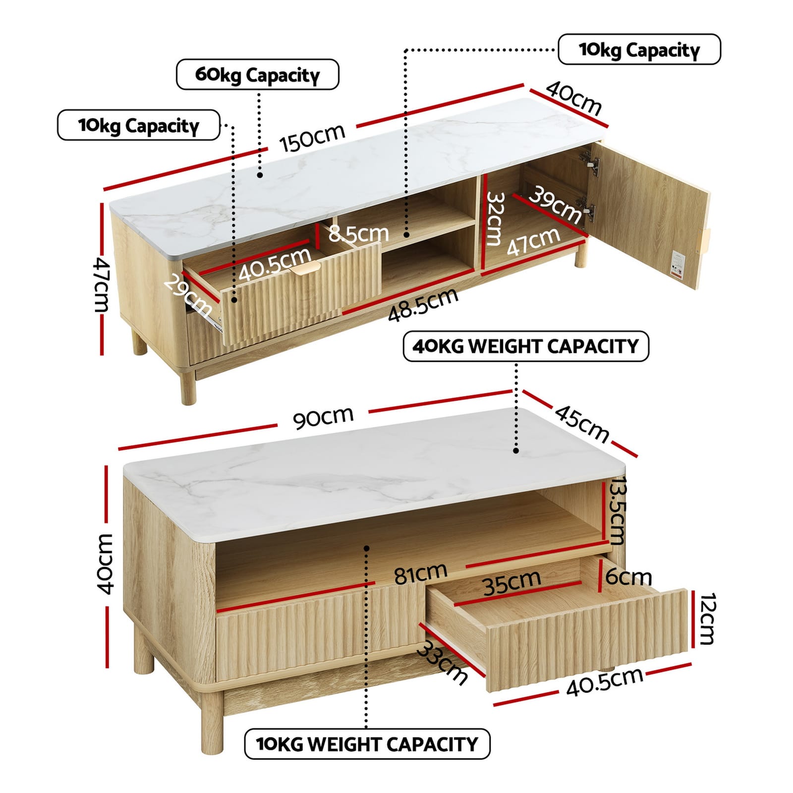 Pine Tv Unit Storage Set 150x40x47cm
