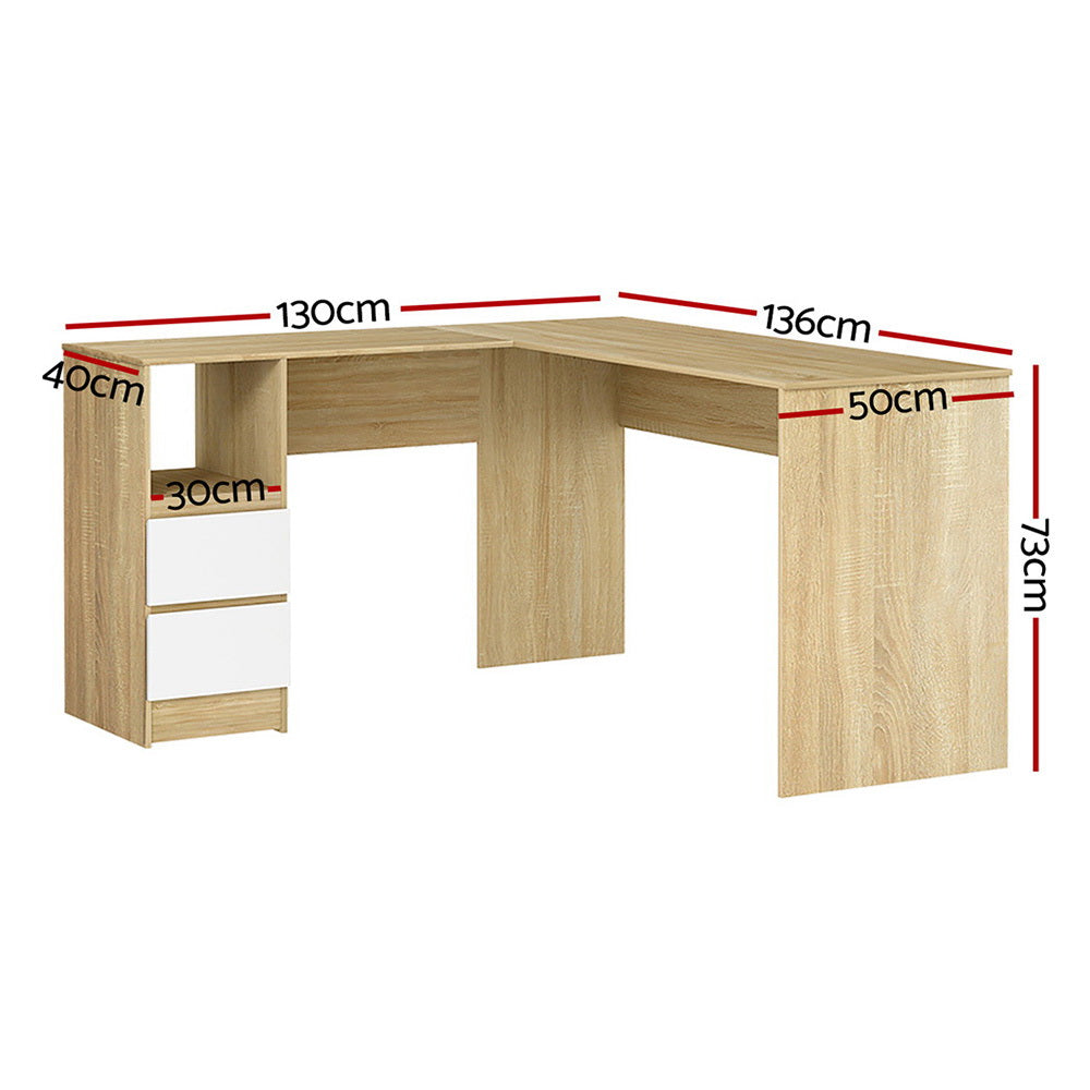 L-Shape Computer Desk 136cm Oak with Drawer Cabinet Home Office Workstation