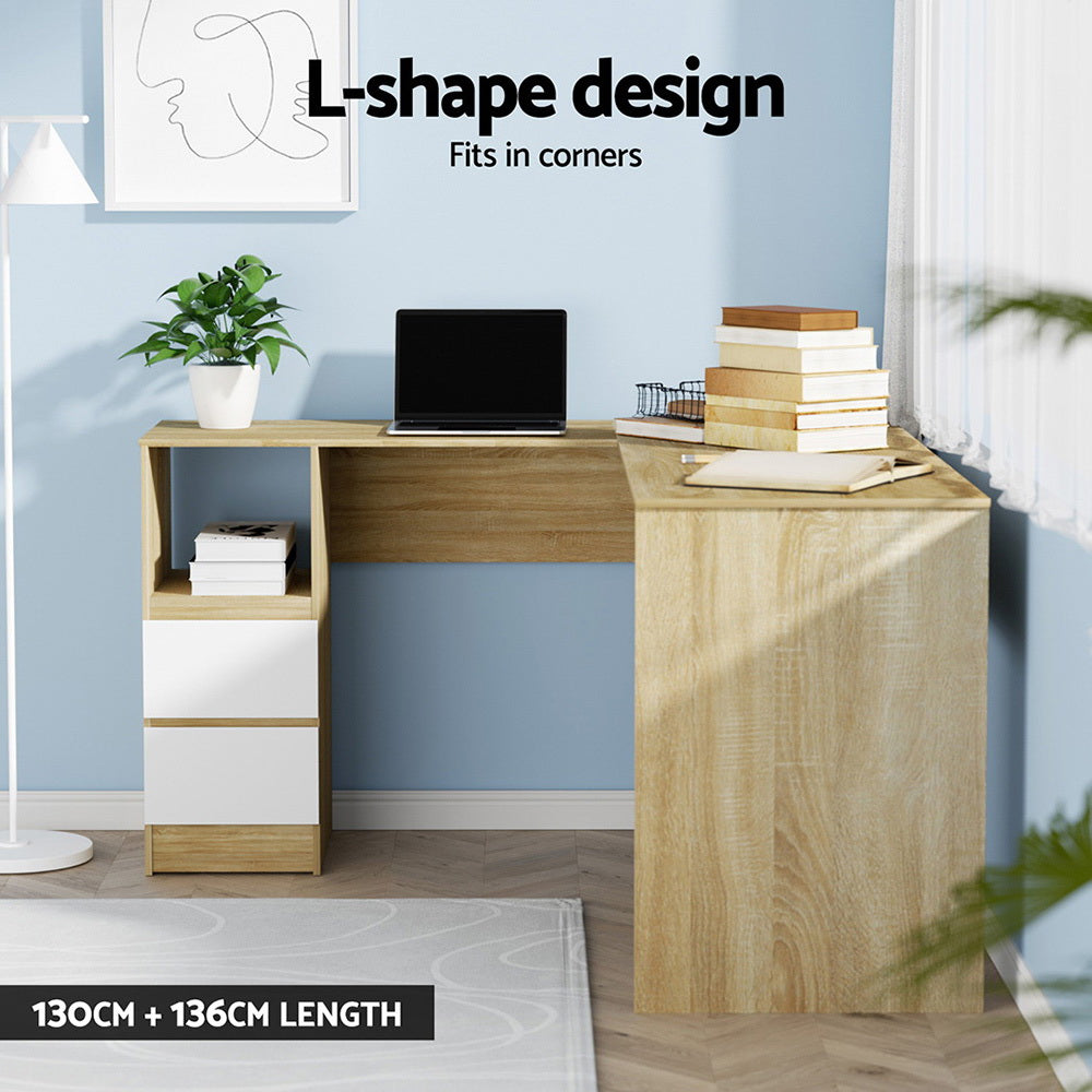 L-Shape Computer Desk 136cm Oak with Drawer Cabinet Home Office Workstation