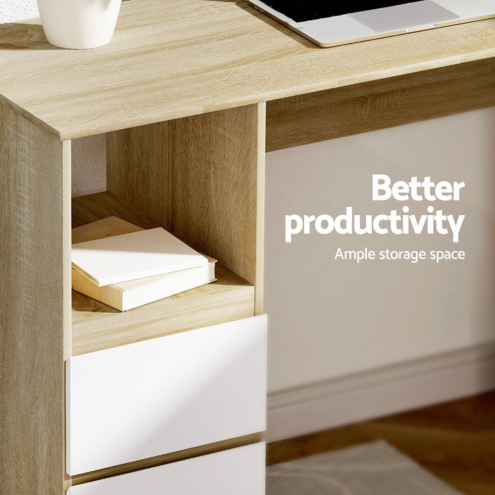 L-Shape Computer Desk 136cm Oak with Drawer Cabinet Home Office Workstation