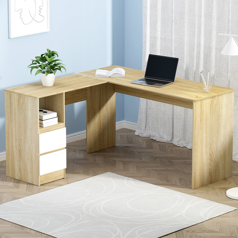 L-Shape Computer Desk 136cm Oak with Drawer Cabinet Home Office Workstation