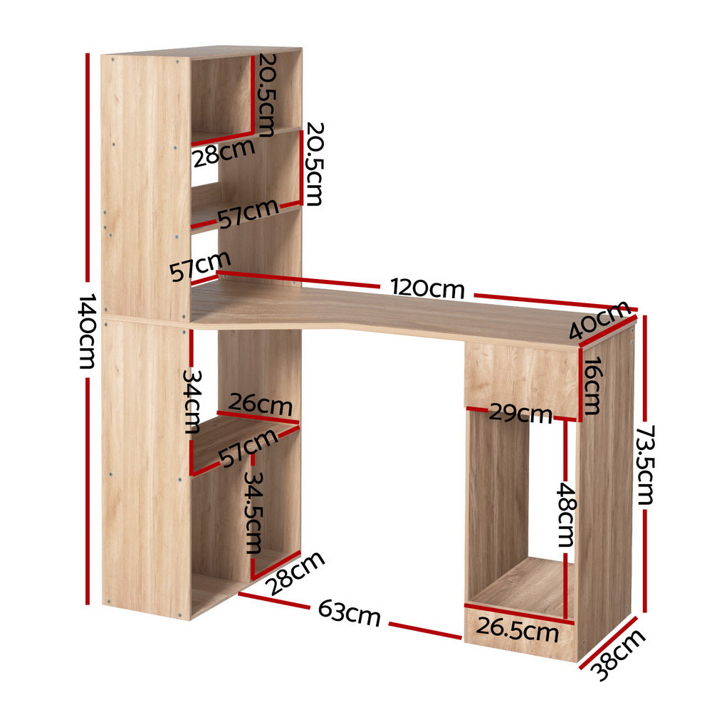 Computer Desk with Bookshelf and Drawer Cabinet, 120CM Oak -Modern | Oak colour