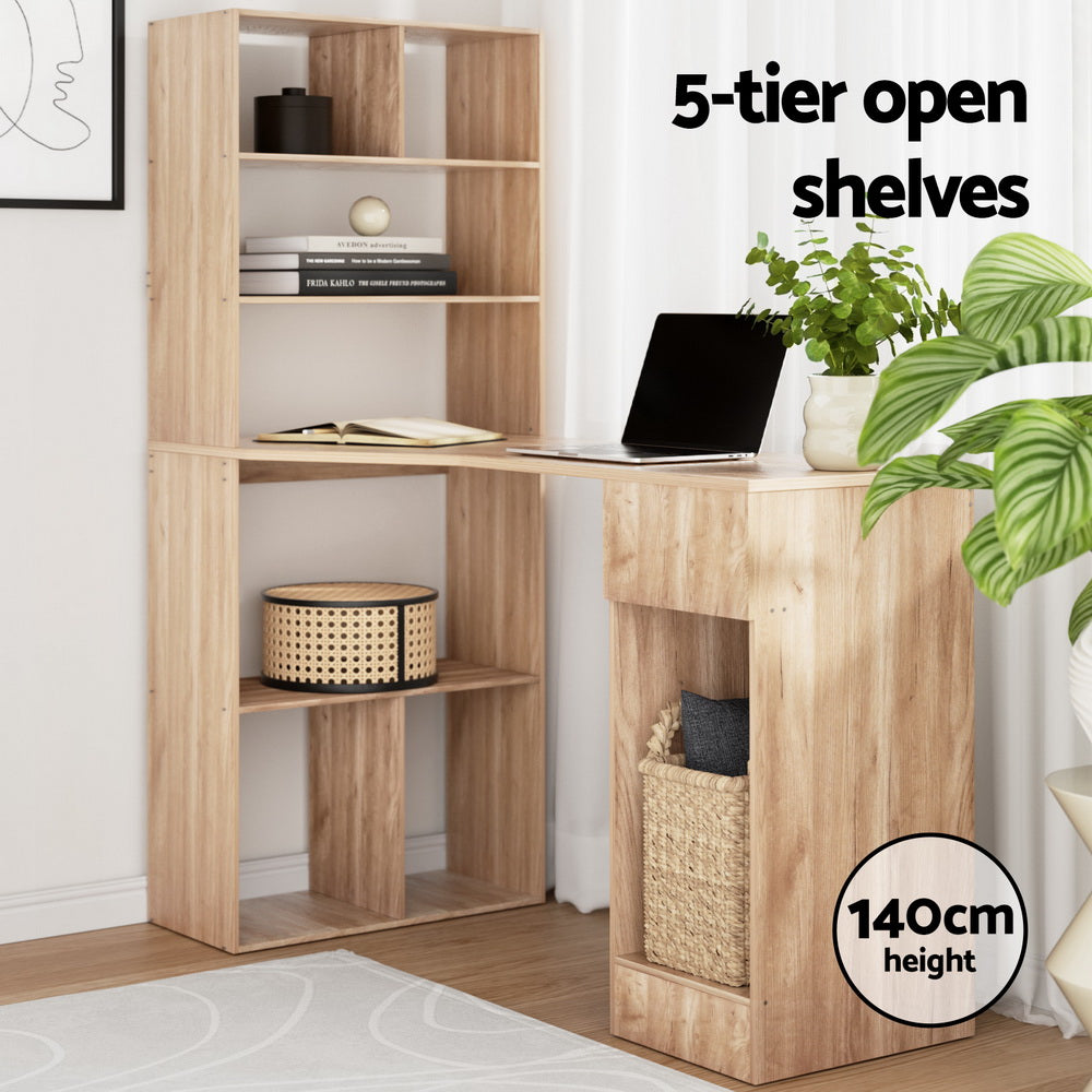Oak colour - Computer Desk with Bookshelf and Drawer Cabinet, 120CM Oak -Modern