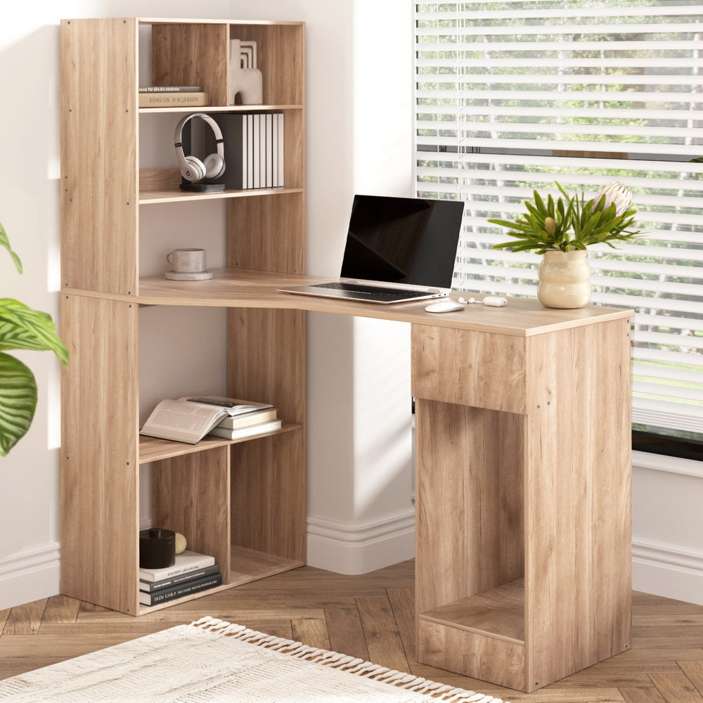 Computer Desk with Bookshelf and Drawer Cabinet, 120CM Oak -Modern