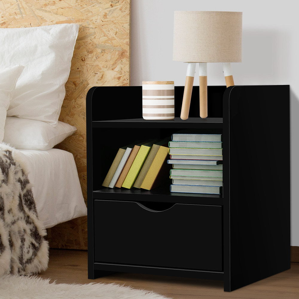 Black Bedside Table1 Drawer with Shelf Modern Nightstand Unit