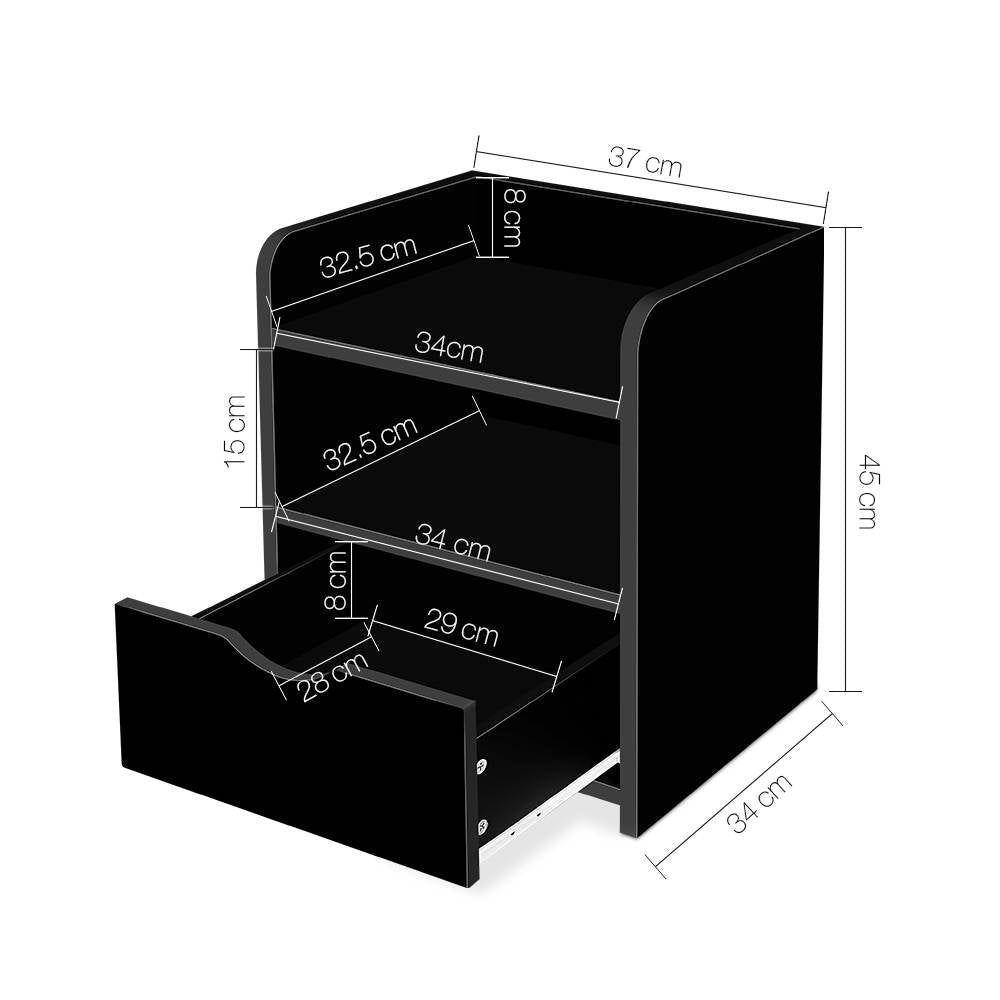 Black Bedside Table1 Drawer with Shelf Modern Nightstand Unit
