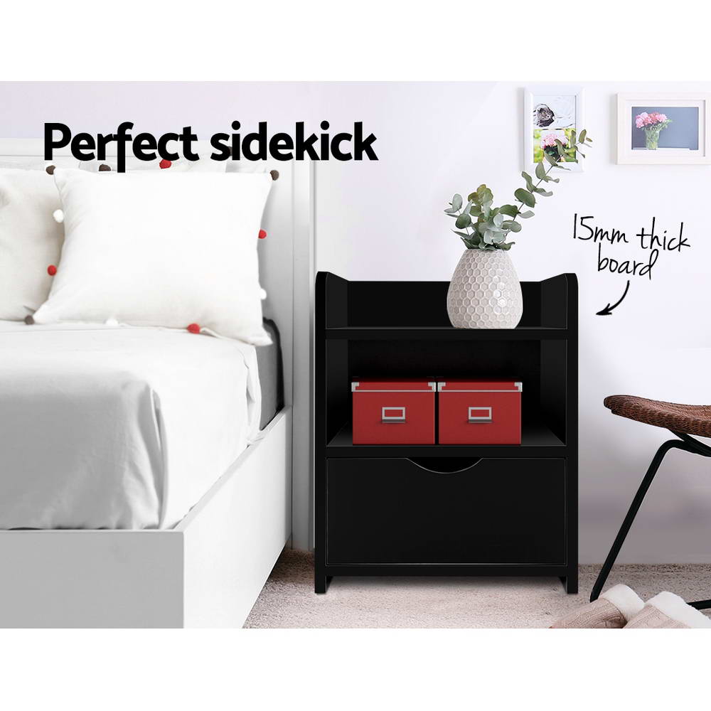 Black Bedside Table1 Drawer with Shelf Modern Nightstand Unit