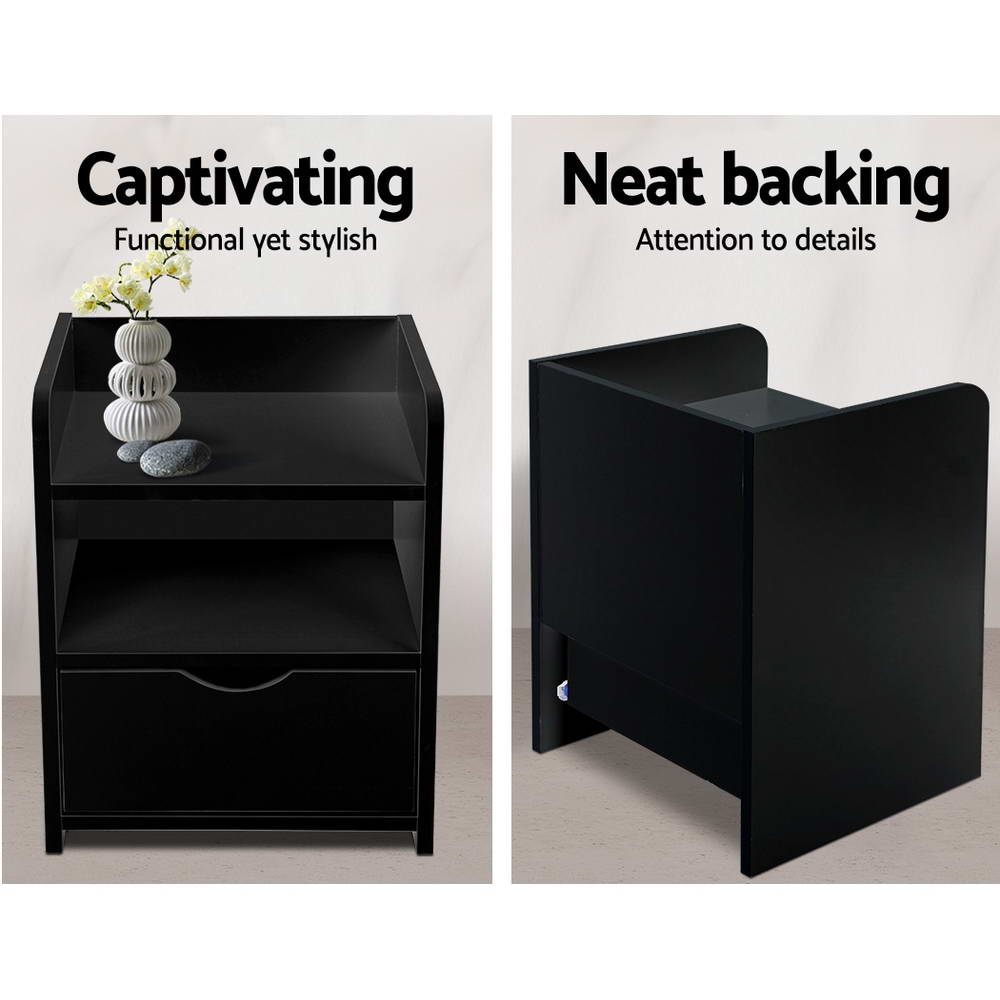 Black Bedside Table1 Drawer with Shelf Modern Nightstand Unit