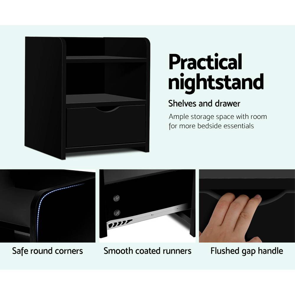 Black Bedside Table1 Drawer with Shelf Modern Nightstand Unit