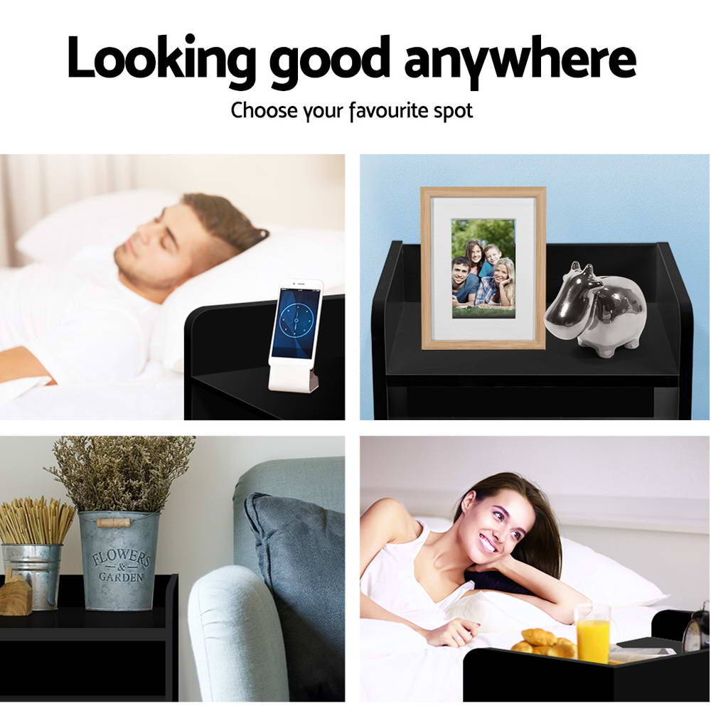 Black Bedside Table1 Drawer with Shelf Modern Nightstand Unit