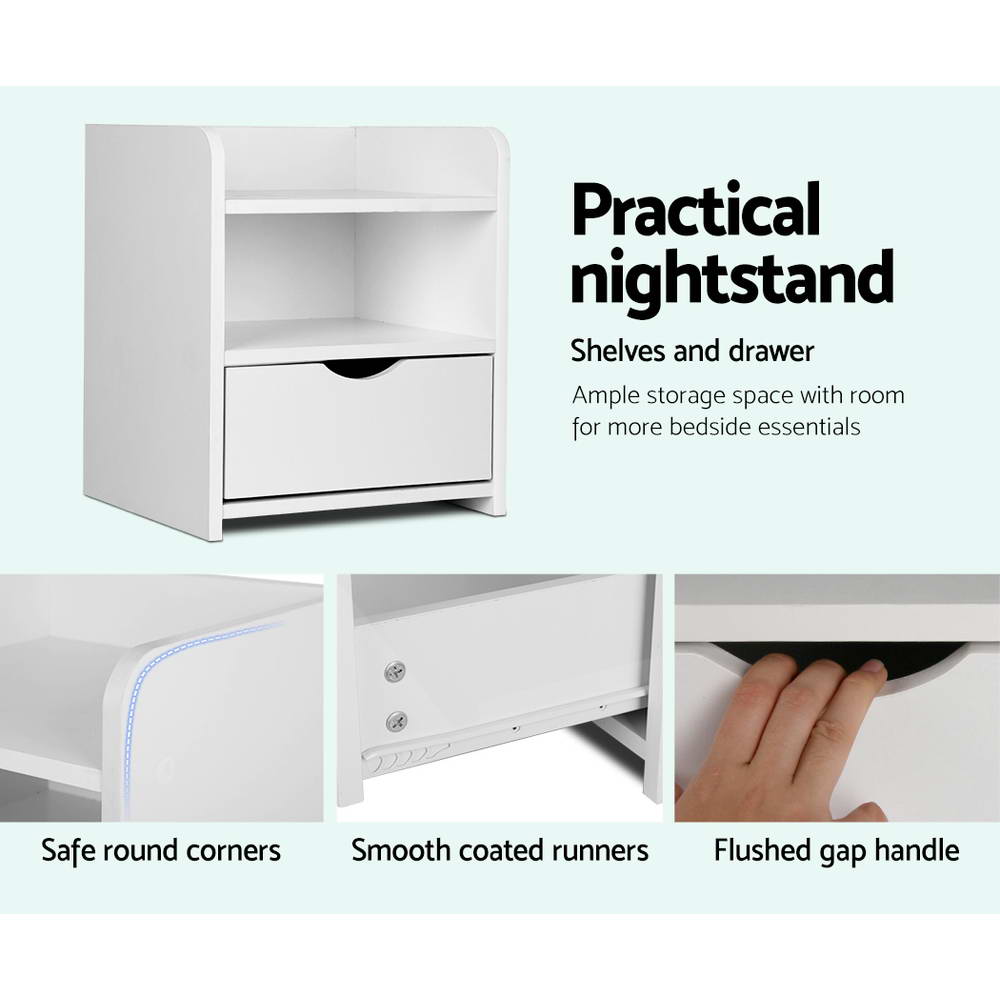 Bedside Table 1 Drawer with Shelf White Nightstand Storage Side Table