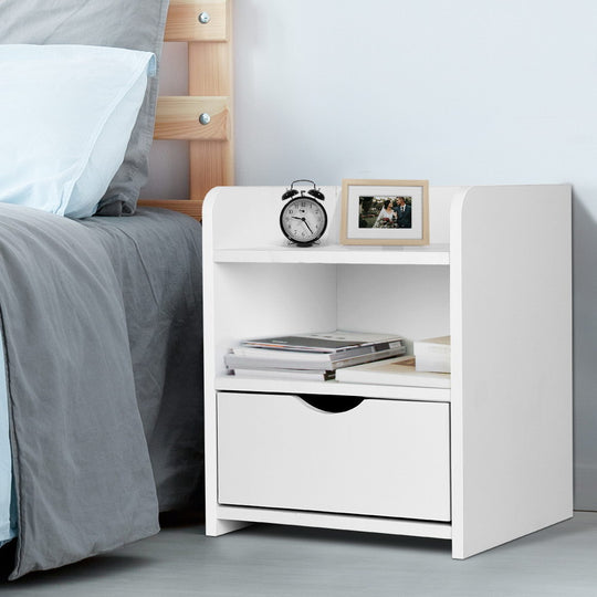 Modern White Bedside Table with Drawer & Shelf