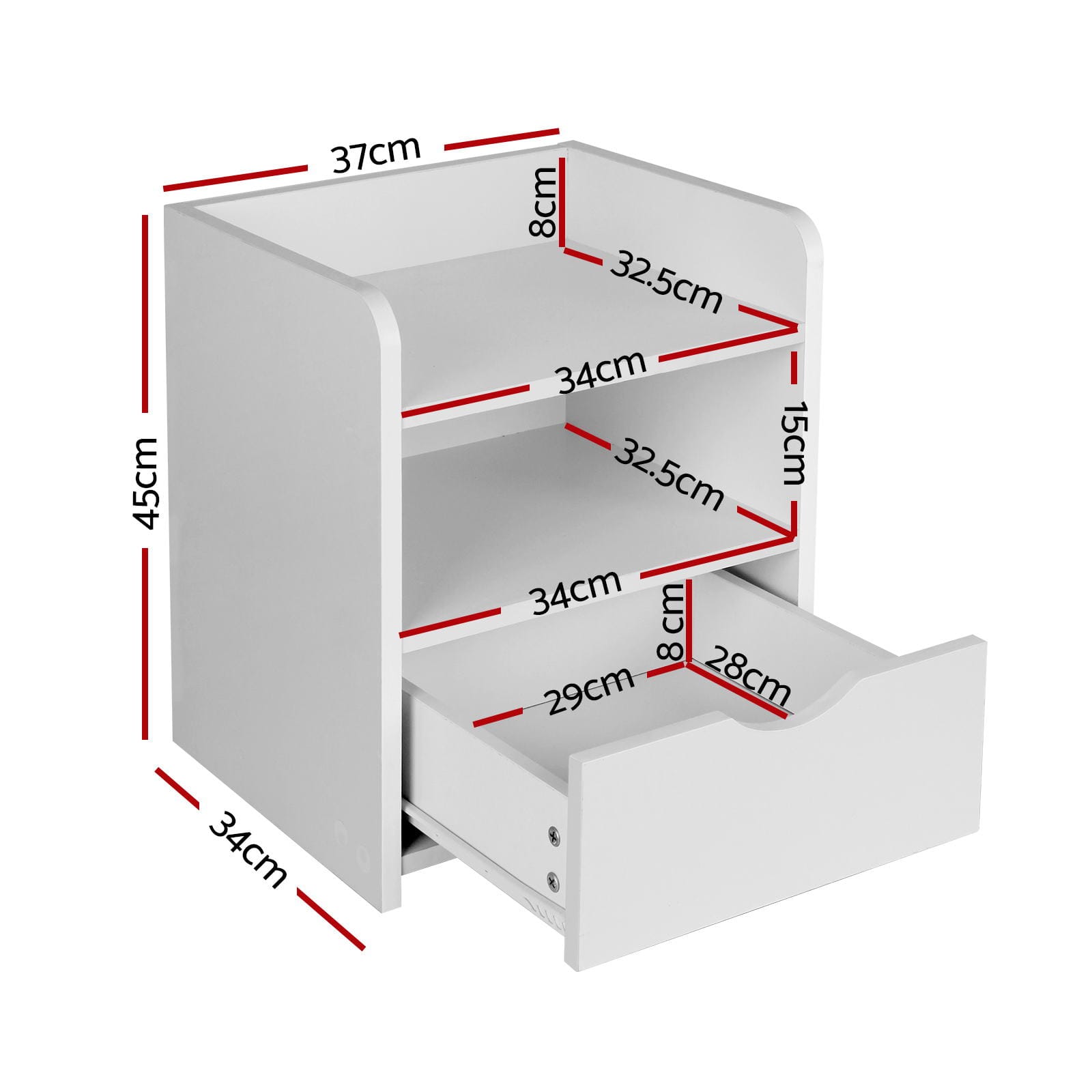 White bedside table 37x34x45cm, rear view