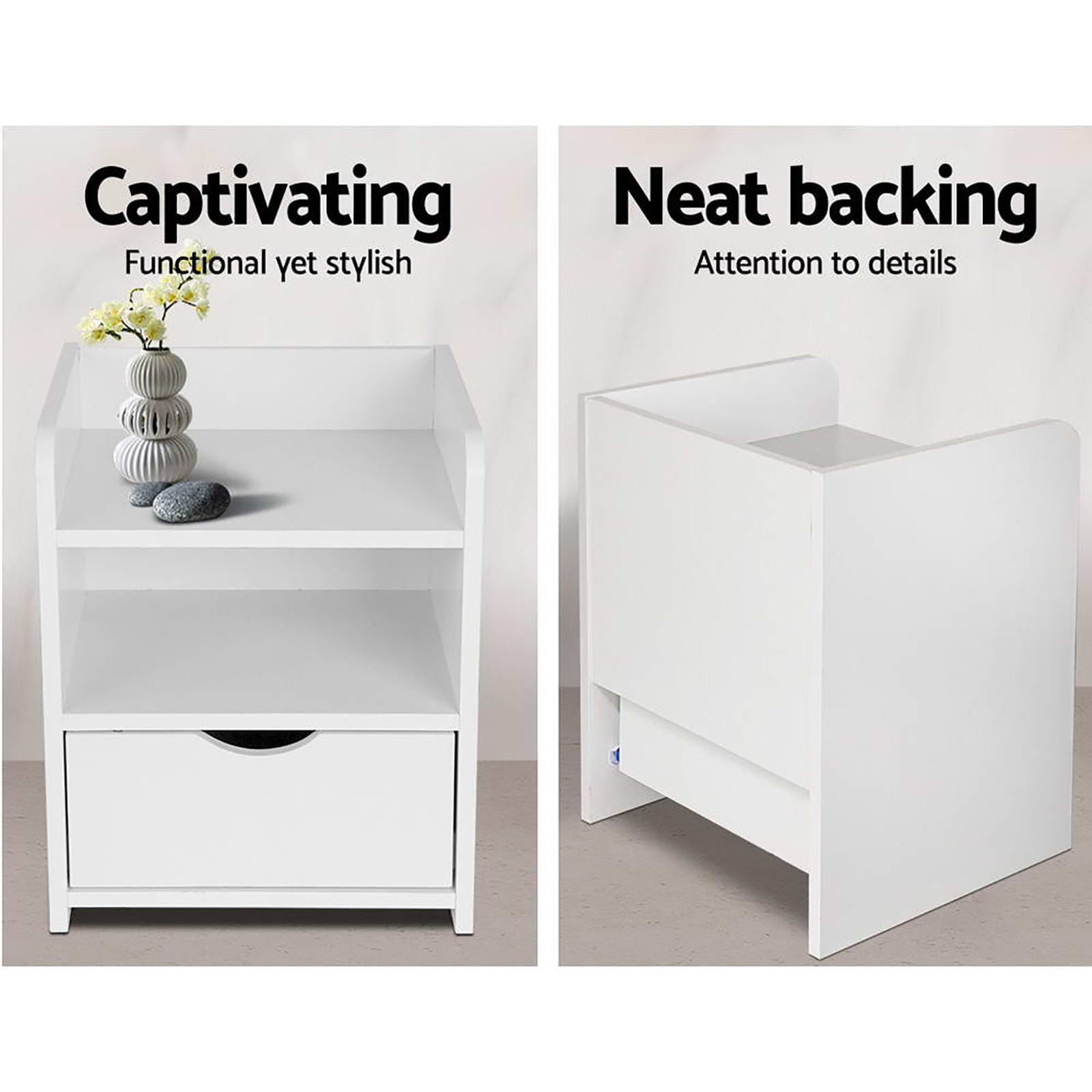 White bedside table 37x34x45cm, in room setting