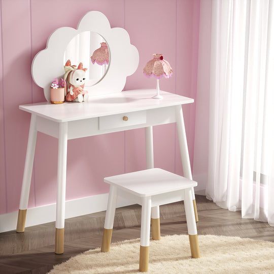 Kids Dressing Table Chair Set Vanity Makeup Wooden Leg