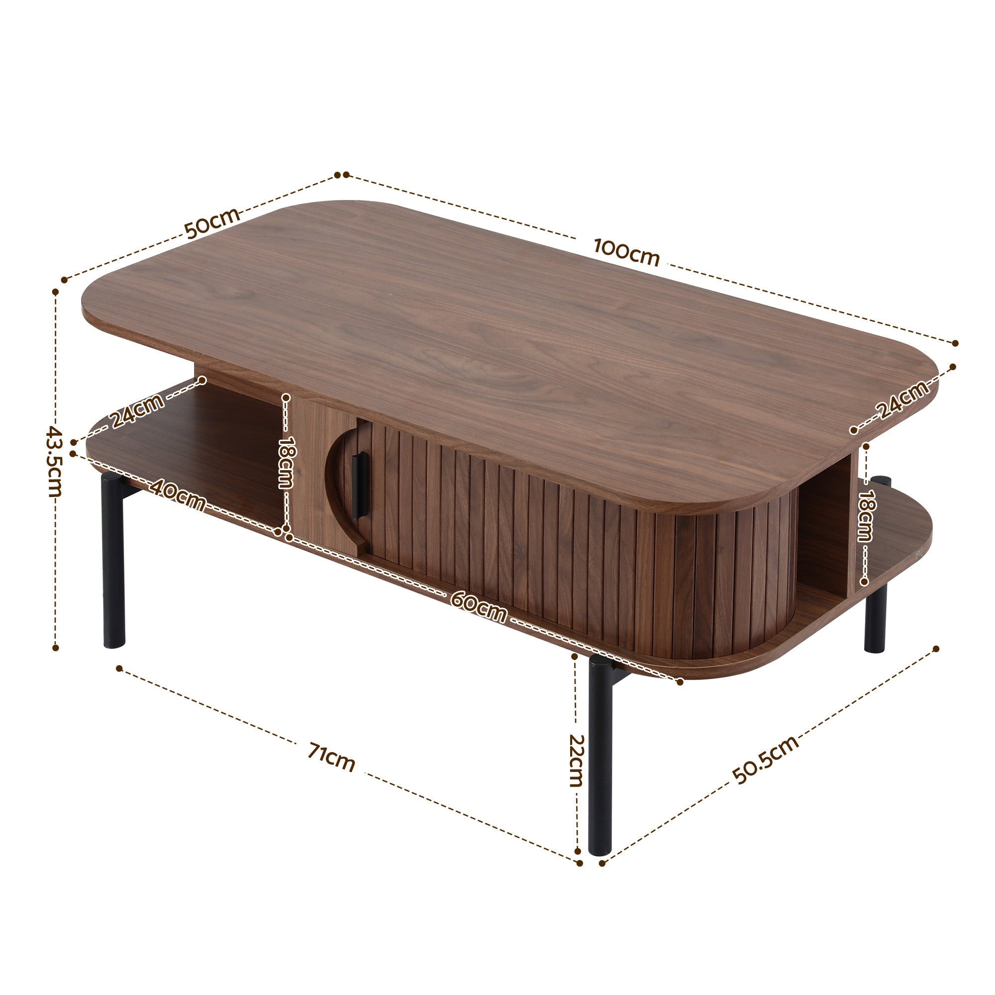 Modern Walnut Coffee Table with Storage Cabinets & 2 Tier Shelves 100cm