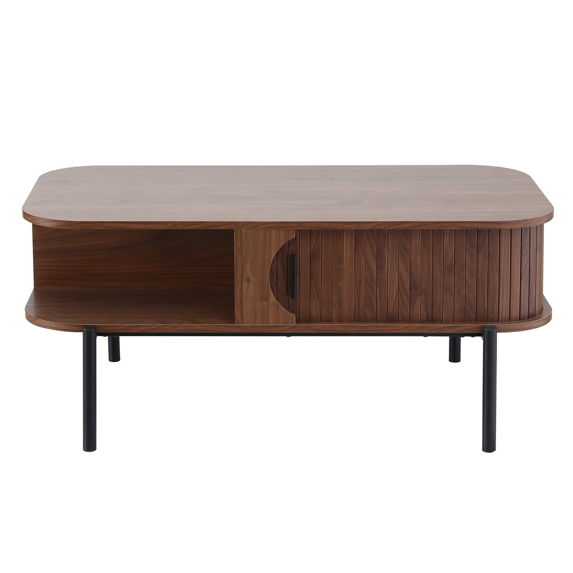 Modern Walnut Coffee Table with Storage Cabinets & 2 Tier Shelves 100cm