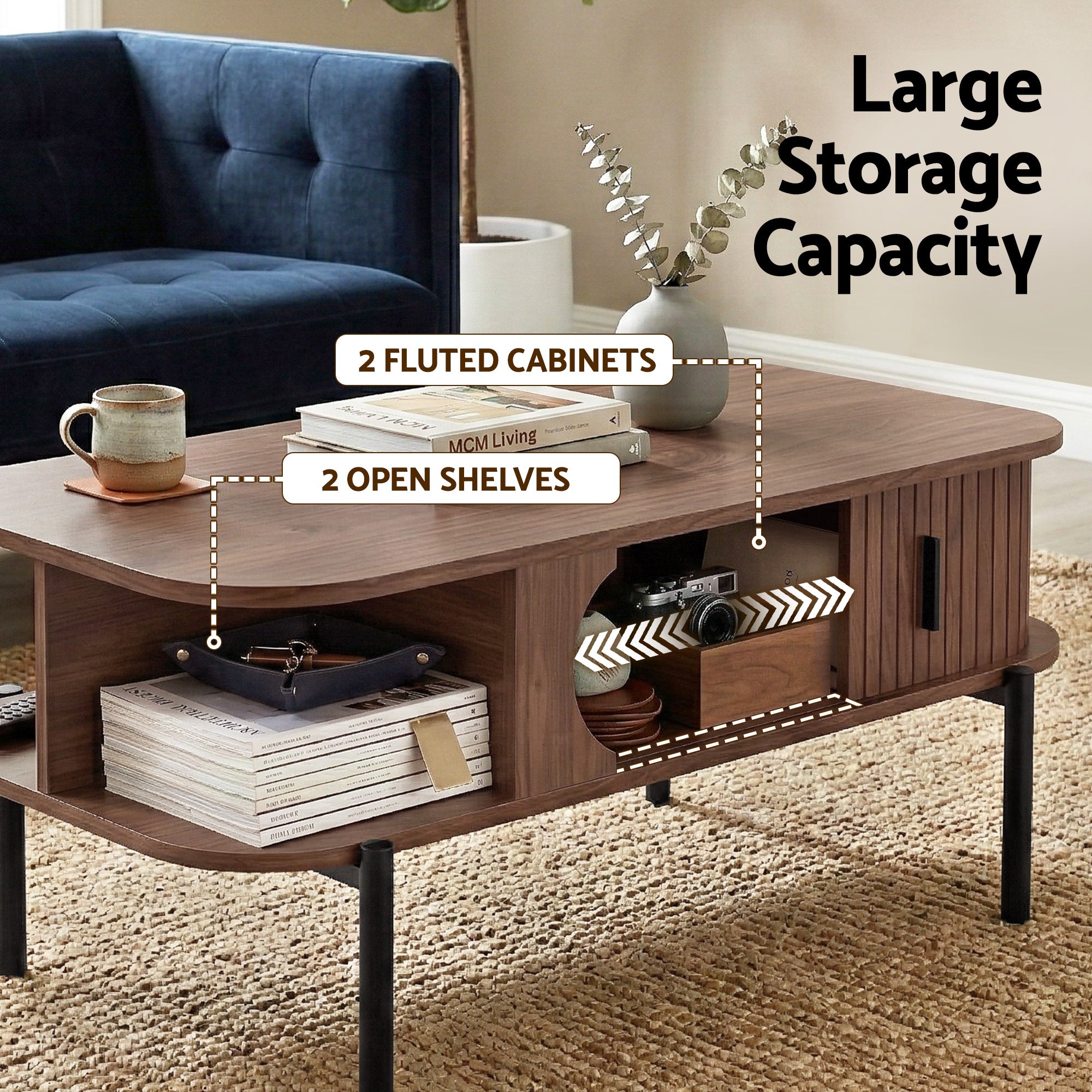 Modern Walnut Coffee Table with Storage Cabinets & 2 Tier Shelves 100cm