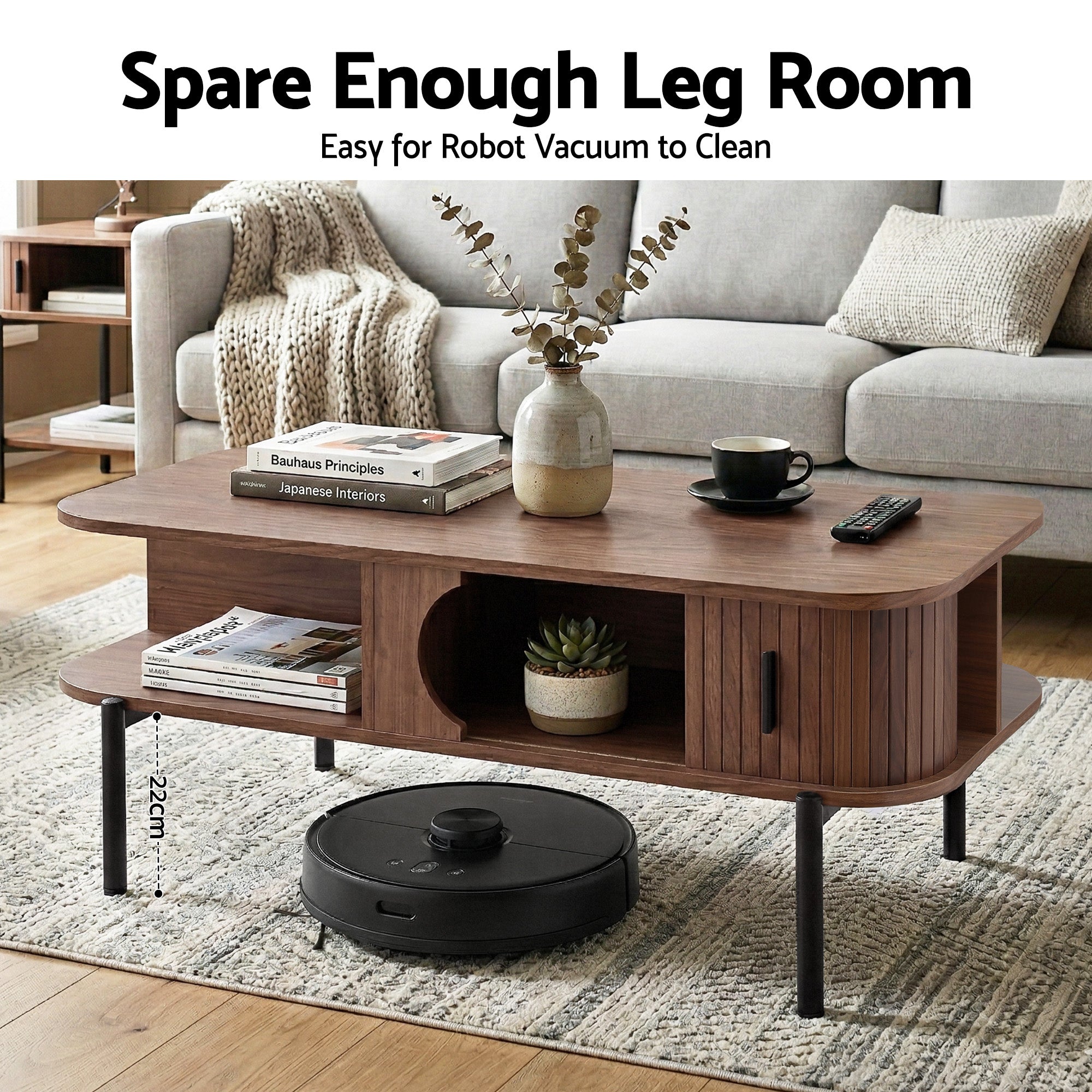 Modern Walnut Coffee Table with Storage Cabinets & 2 Tier Shelves 100cm