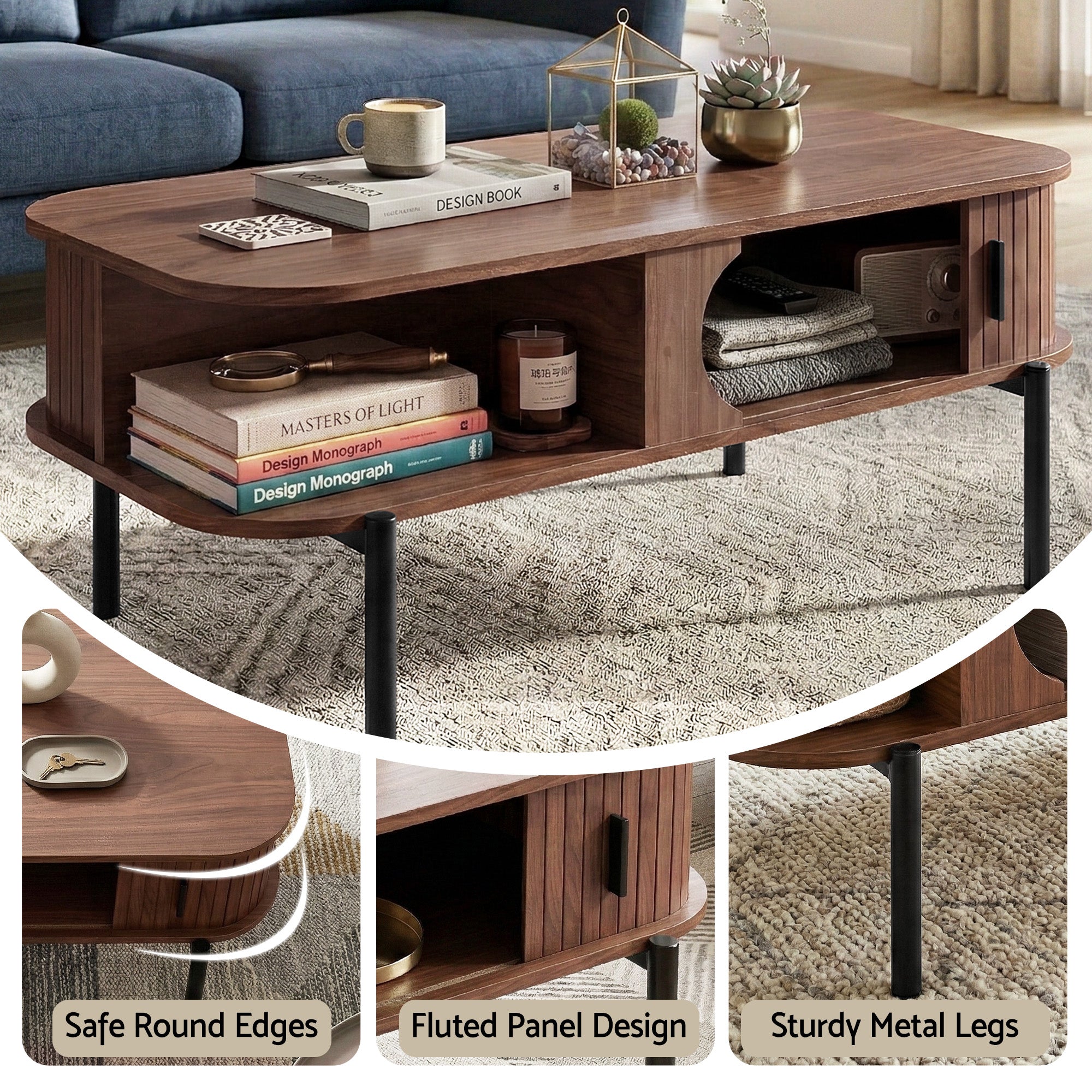Modern Walnut Coffee Table with Storage Cabinets & 2 Tier Shelves 100cm