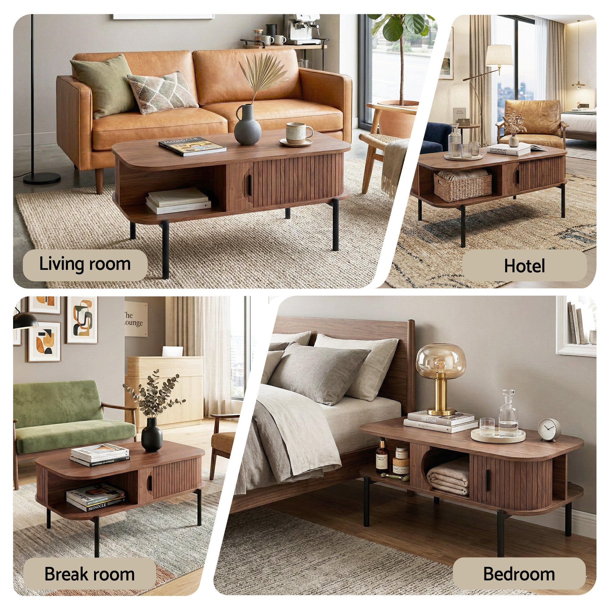 Modern Walnut Coffee Table with Storage Cabinets & 2 Tier Shelves 100cm