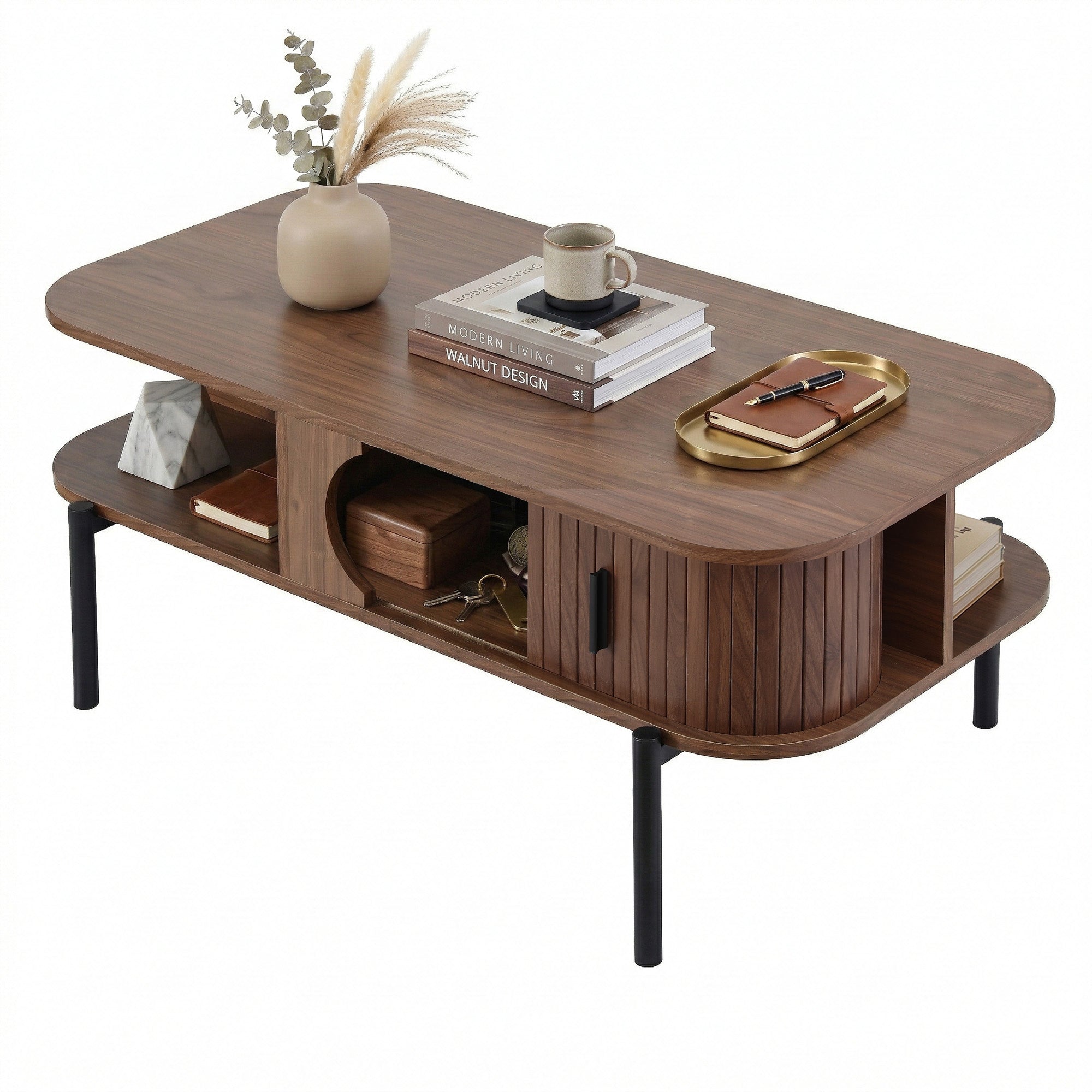 Modern Walnut Coffee Table with Storage Cabinets & 2 Tier Shelves 100cm