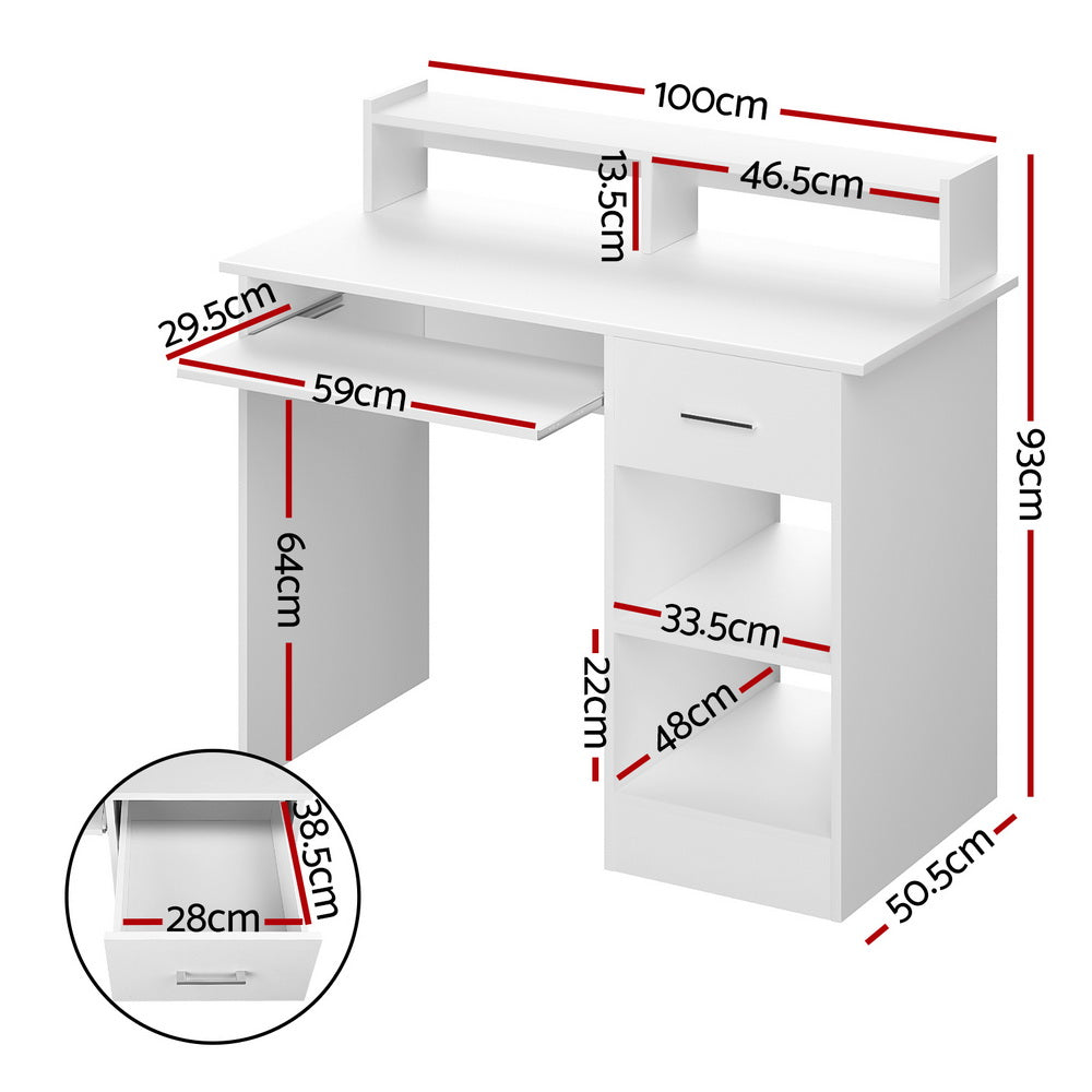 White Computer Desk 100Cm with Drawer Shelf & Storage Cabinet Home Office Furniture
