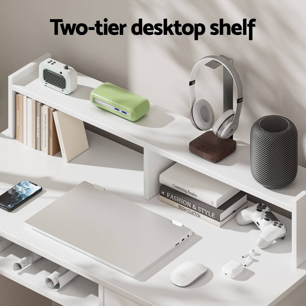 White Computer Desk 100Cm with Drawer Shelf & Storage Cabinet Home Office Furniture