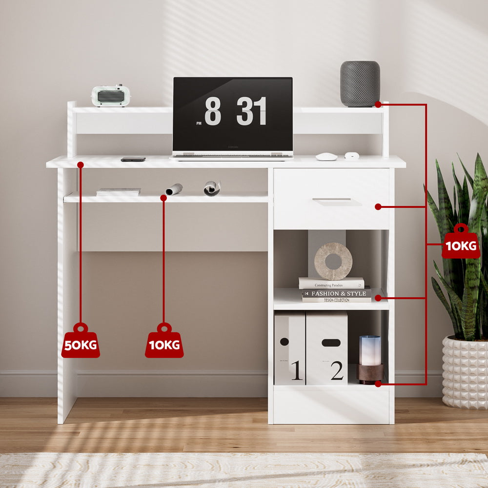 White Computer Desk 100Cm with Drawer Shelf & Storage Cabinet Home Office Furniture