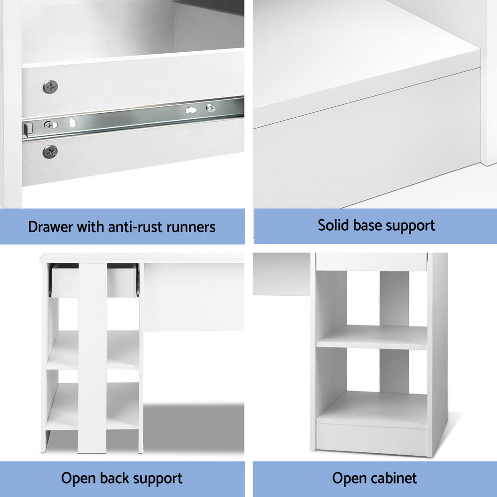 White Computer Desk 100Cm with Drawer Shelf & Storage Cabinet Home Office Furniture