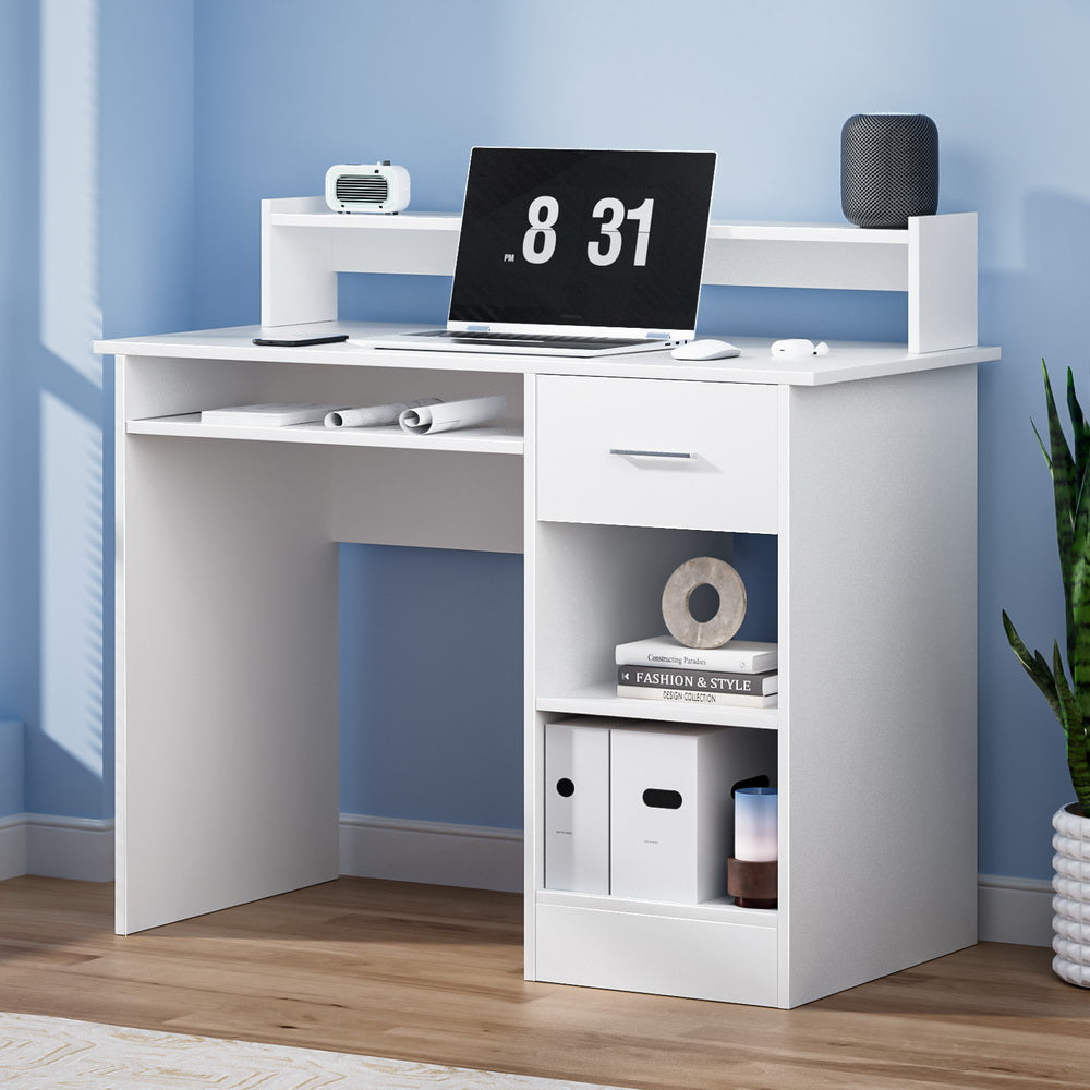 White Computer Desk 100Cm with Drawer Shelf & Storage Cabinet Home Office Furniture
