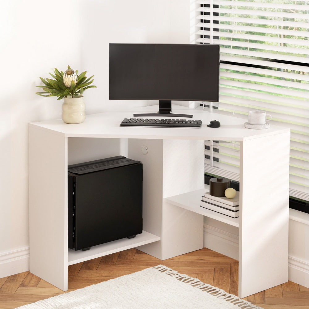 Corner Computer Desk Shelves CPU Stand L-shape Home Office Workstation Desks