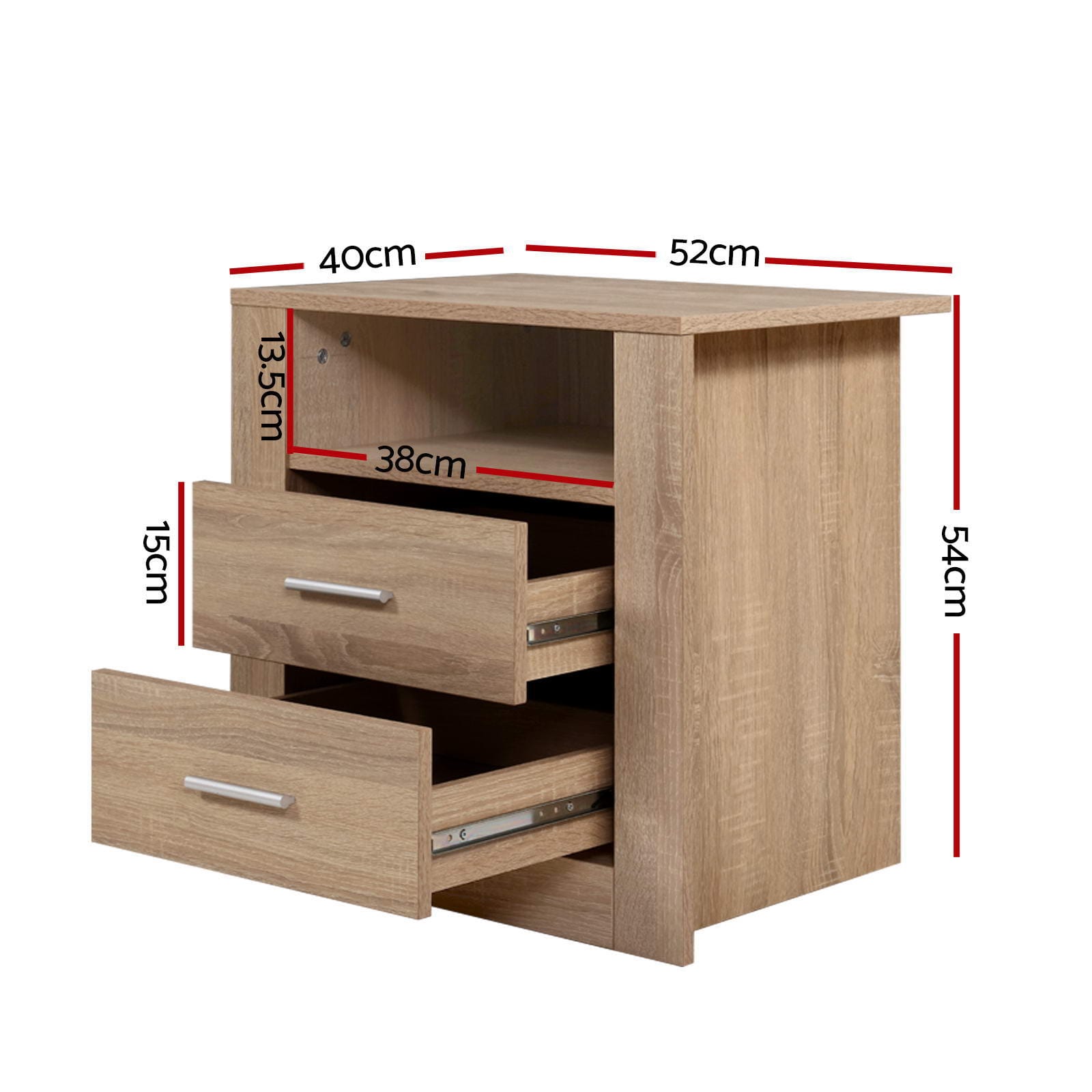 Bedside Table 2 Drawers Oak 52x40x54cm