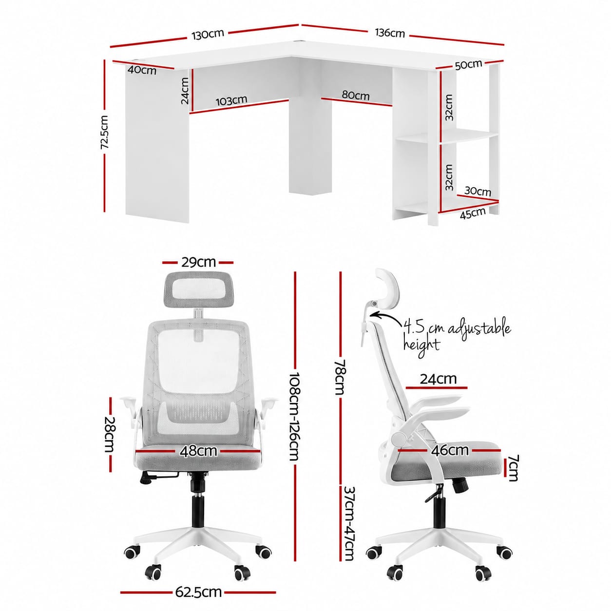 L Shaped Desk Set With Chair 136x130x72.5cm