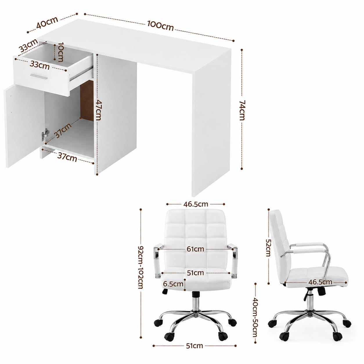 Computer Desk Set White 100x60x74cm