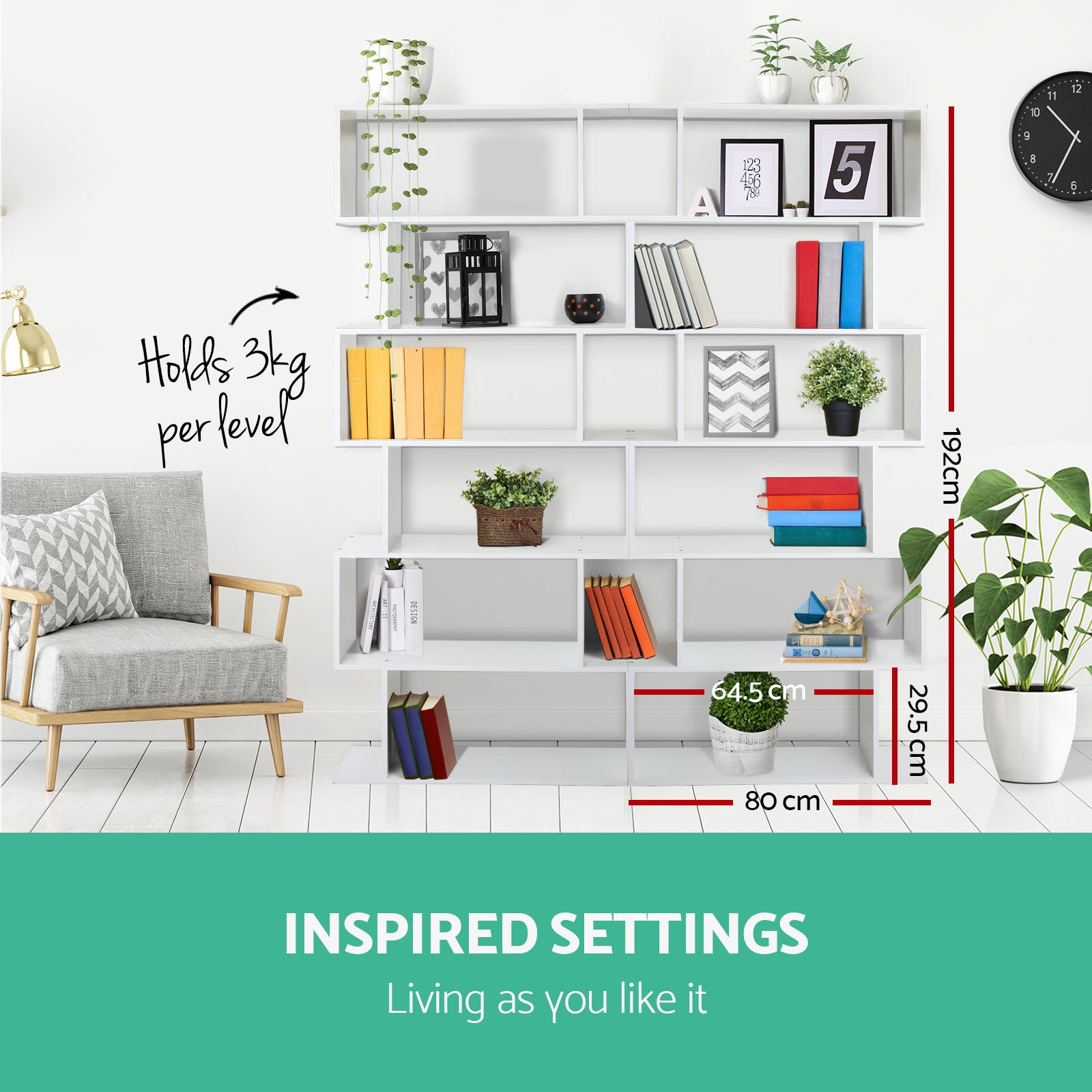 6-Tier Bookshelf Riva White Storage Display Shelving Unit
