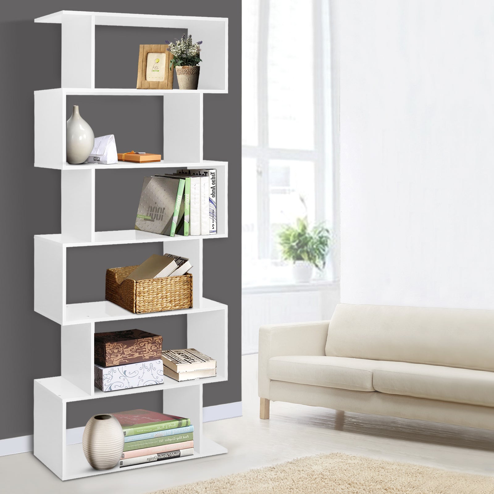 6-Tier Bookshelf Riva White Storage Display Shelving Unit