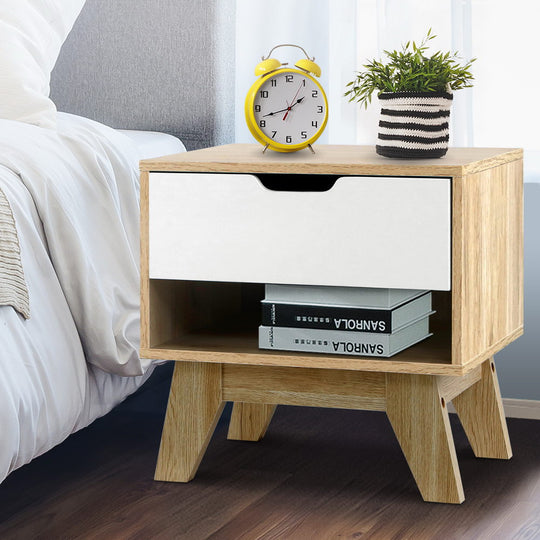 Bedside Table 1 Drawer with Shelf - IKER White & Oak - Artiss Nightstand Cabinet Storage