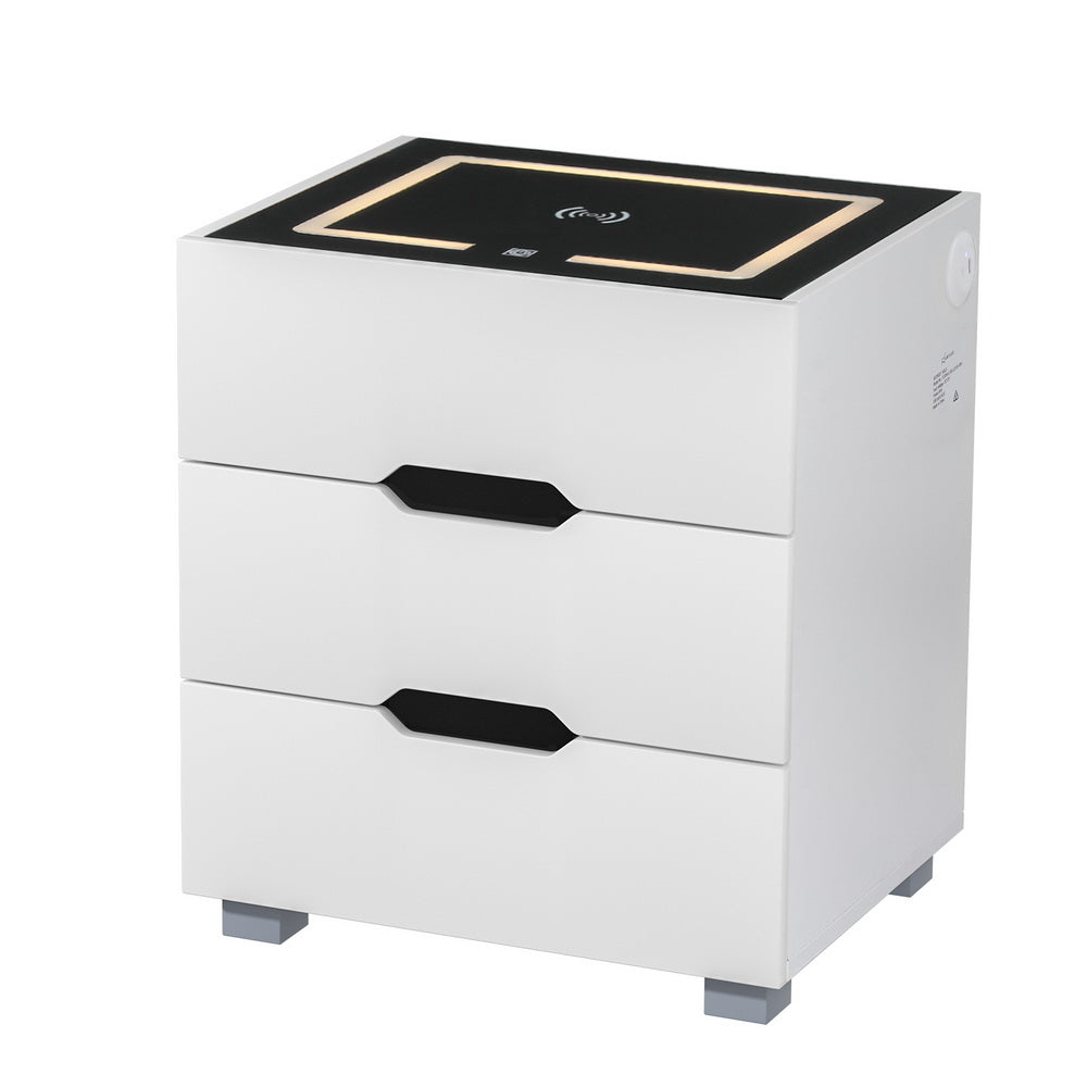 Smart Bedside Table 3 Drawers With Wireless Charging Ports Led White Adad
