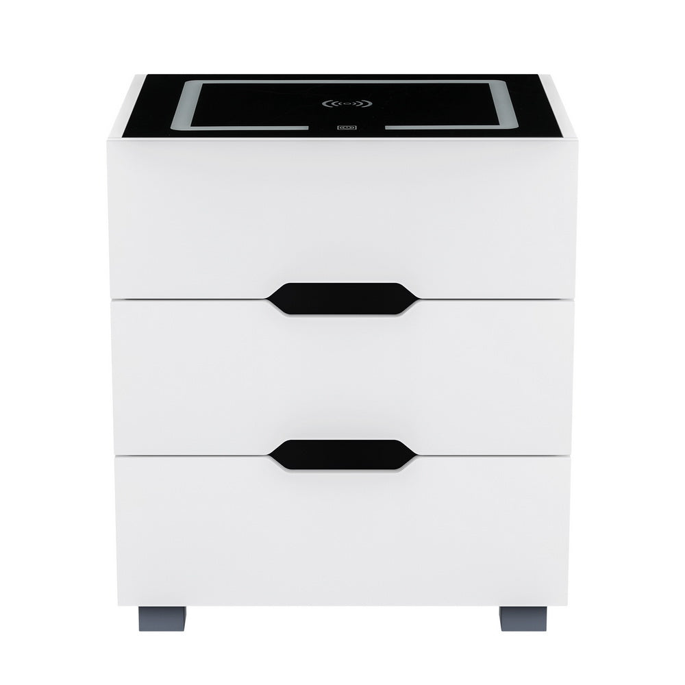 Smart Bedside Table 3 Drawers With Wireless Charging Ports Led White Adad