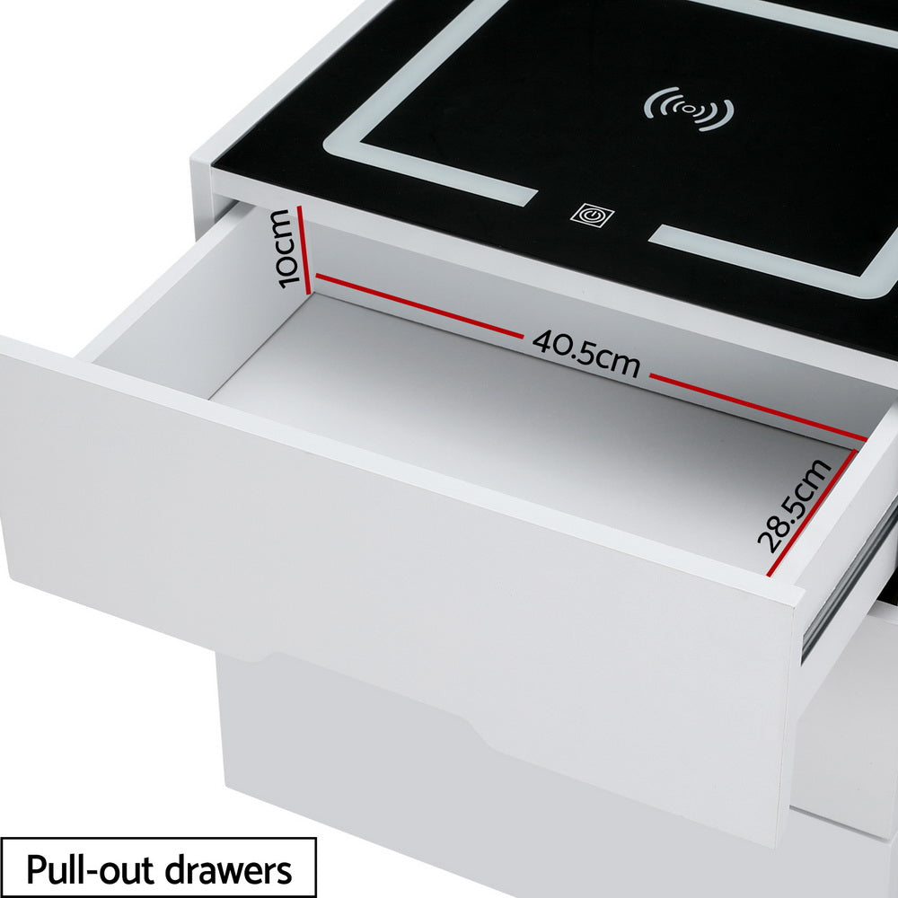 Smart Bedside Table 3 Drawers With Wireless Charging Ports Led White Adad
