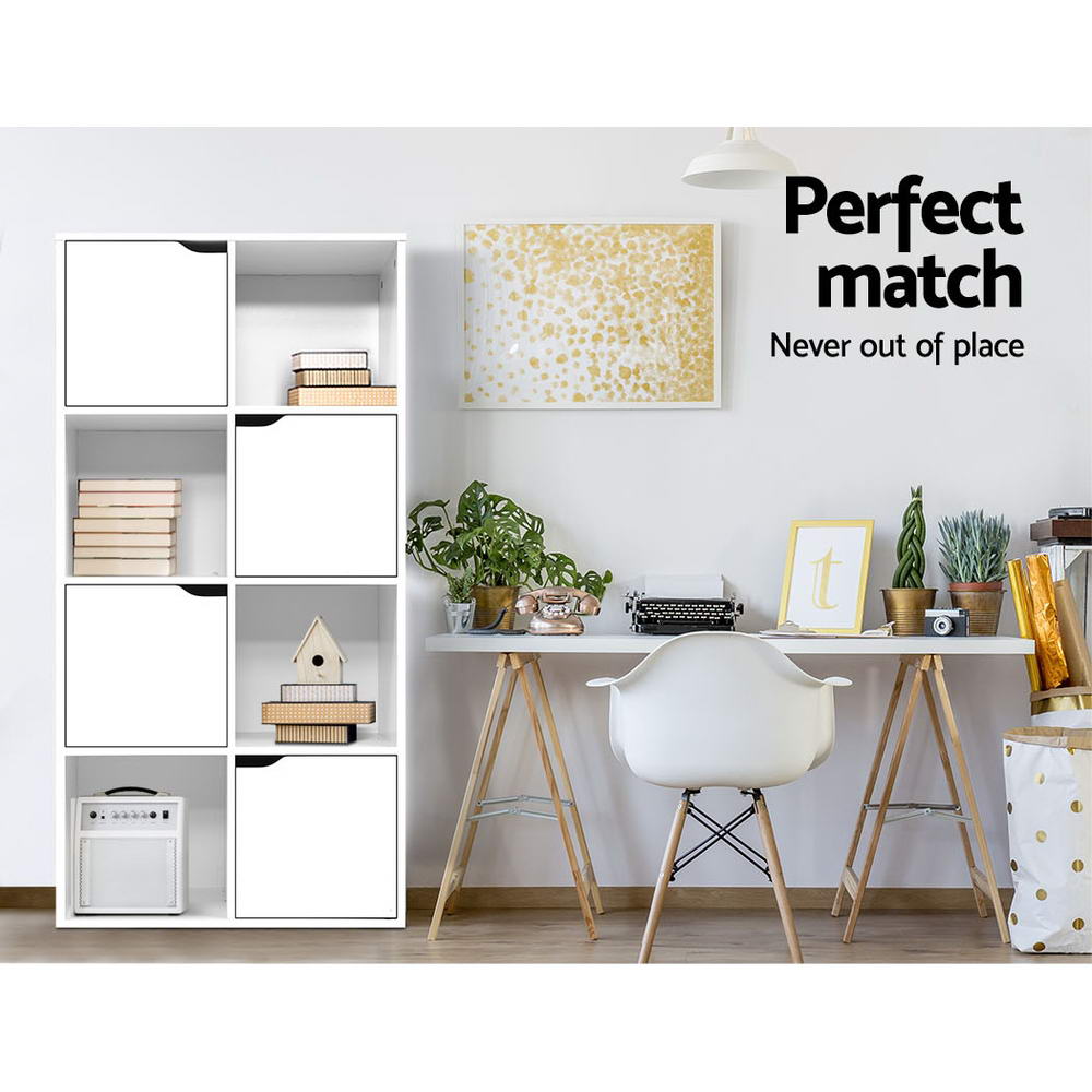 Display Shelf 8 Cube Storage 4 Door Cabinet Organiser Bookshelf Unit White