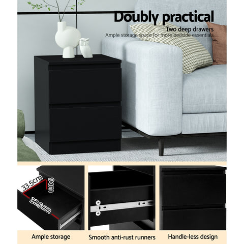 Bedside Table 2 Drawers - Pepe Black