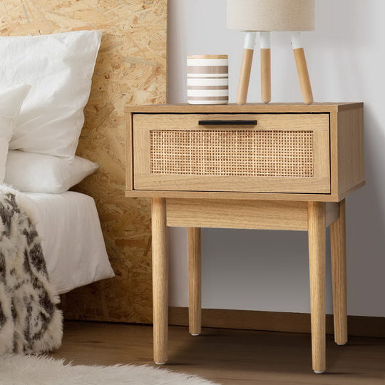 Elegant Rattan Bedside Table with Drawers - Tables Storage Cabinet Wood