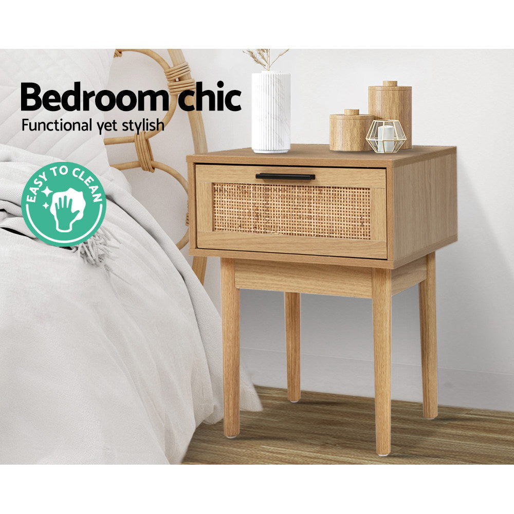 Tables Storage Cabinet Wood - Elegant Rattan Bedside Table with Drawers