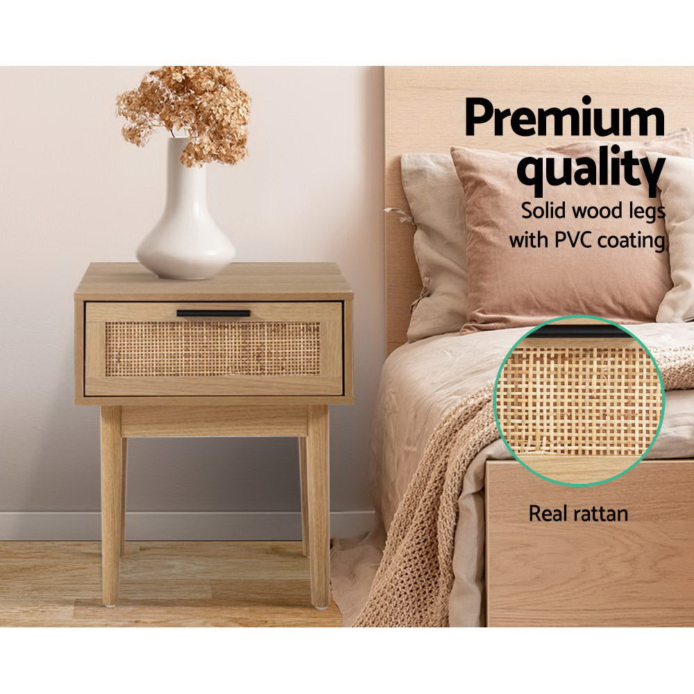 Rattan finish - Elegant Rattan Bedside Table with Drawers
