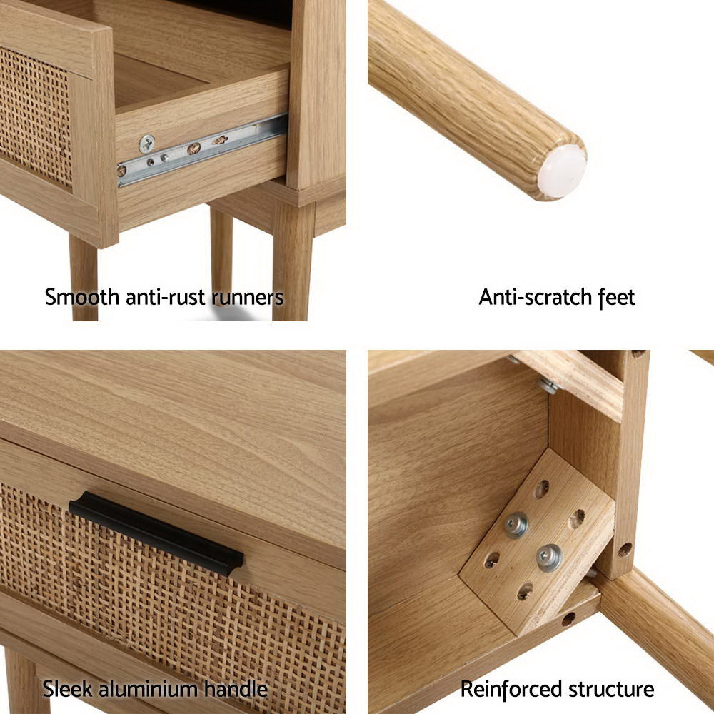 Elegant Rattan Bedside Table with Drawers | Tables Storage Cabinet Wood