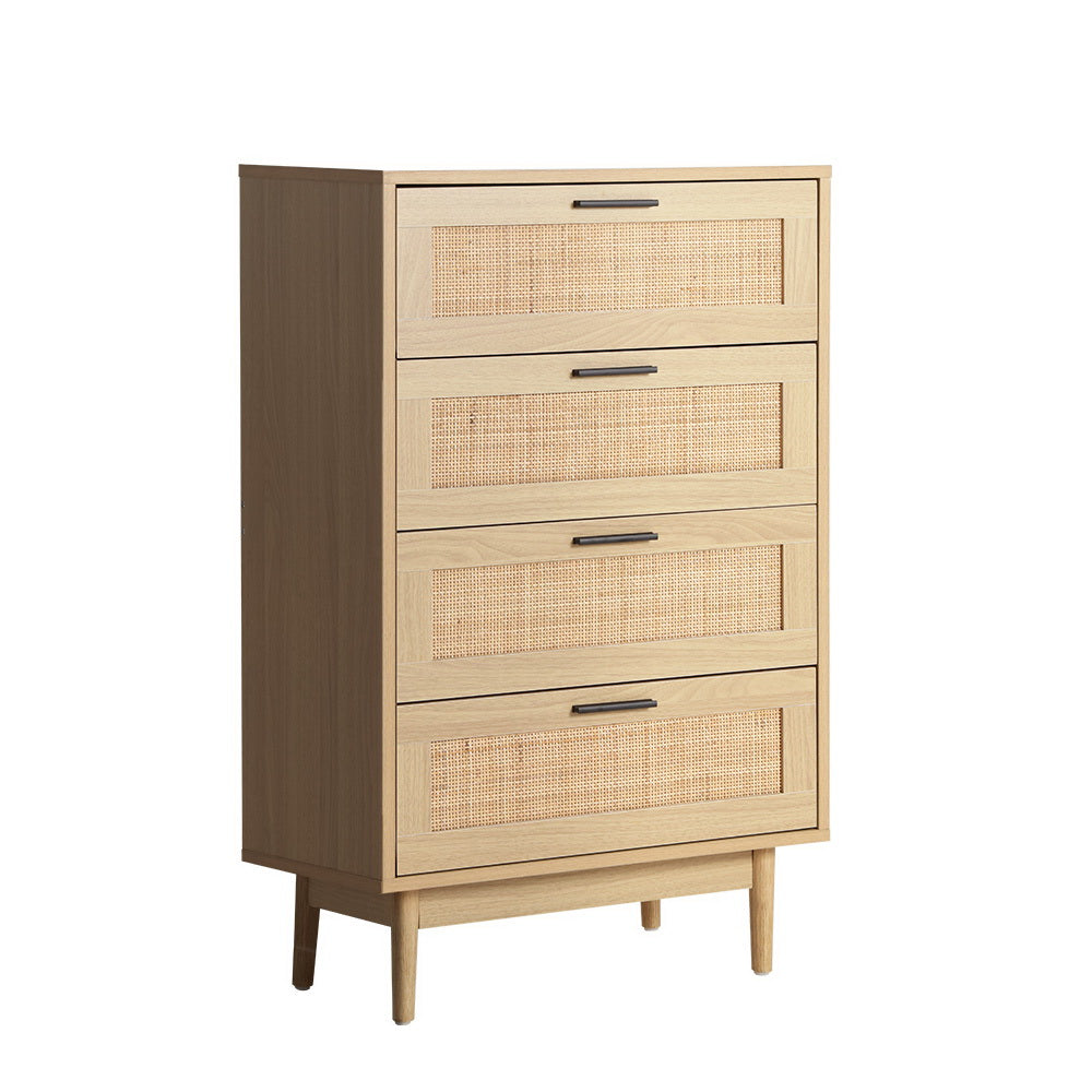4 Chest of Drawers Briony Oak Tallboy Rattan Style Storage Cabinet Wooden Drawer Unit Pine Finish