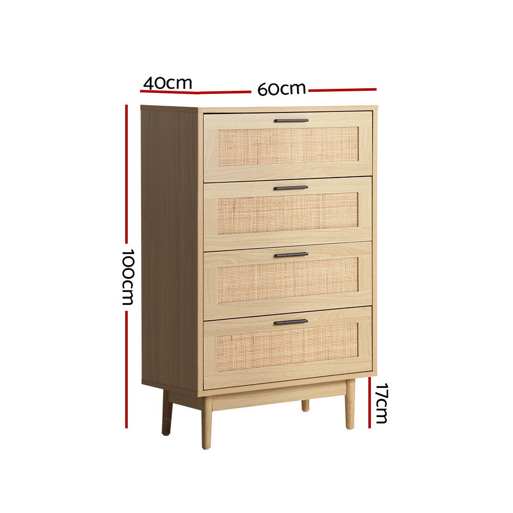 4 Chest of Drawers Briony Oak Tallboy Rattan Style Storage Cabinet Wooden Drawer Unit Pine Finish