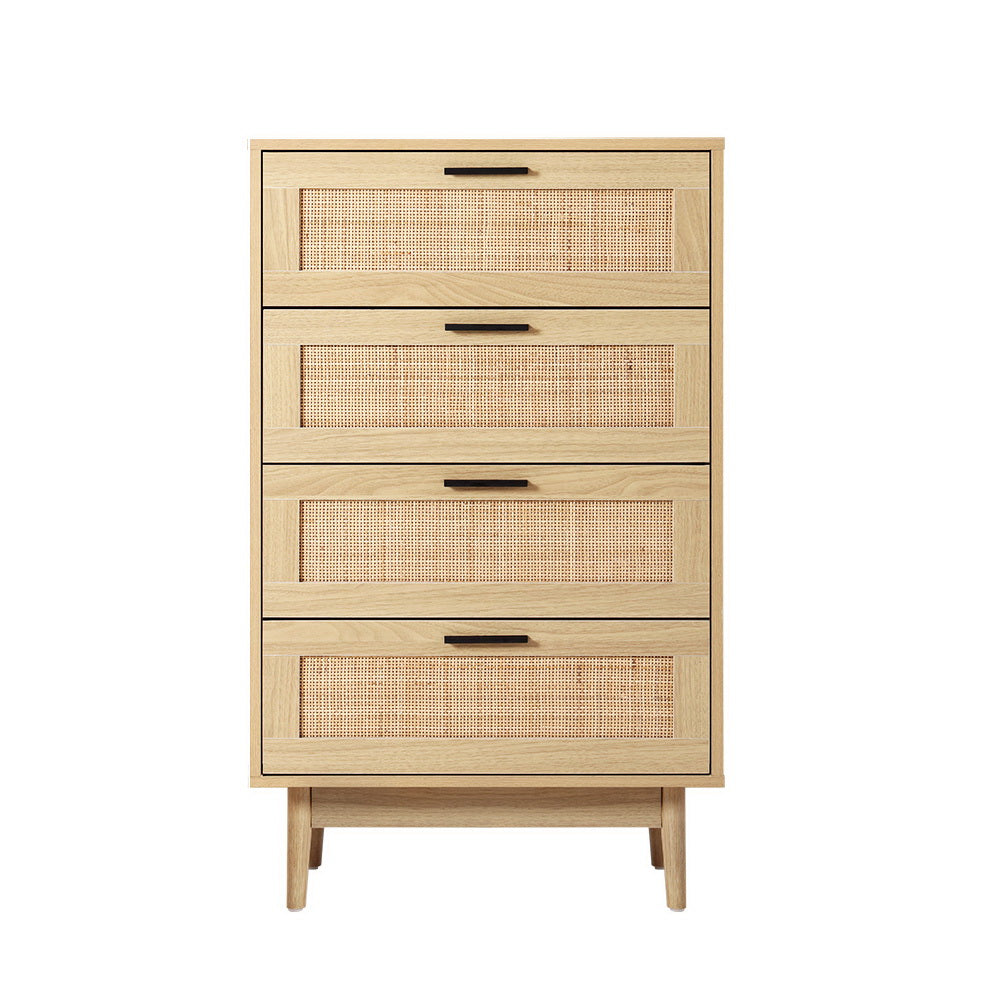 4 Chest of Drawers Briony Oak Tallboy Rattan Style Storage Cabinet Wooden Drawer Unit Pine Finish